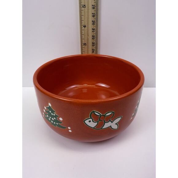 Vintage Waechtersbach Germany Red Christmas Cat Bowl Dish With Fish And Tree - Picture 6 of 6